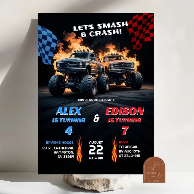 Monster Truck Boys Joint Birthday Invitation (Creator Uploaded)