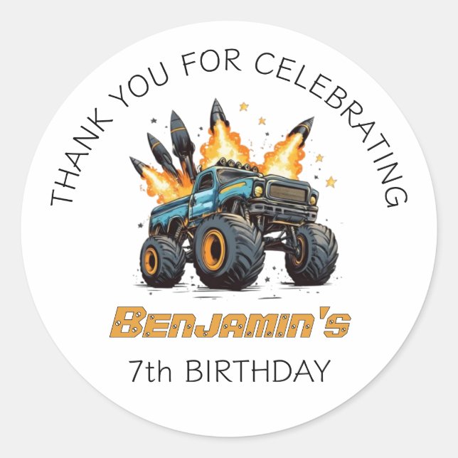 Monster Truck Boys Thank You Birthday Celebration  Classic Round Sticker (Front)