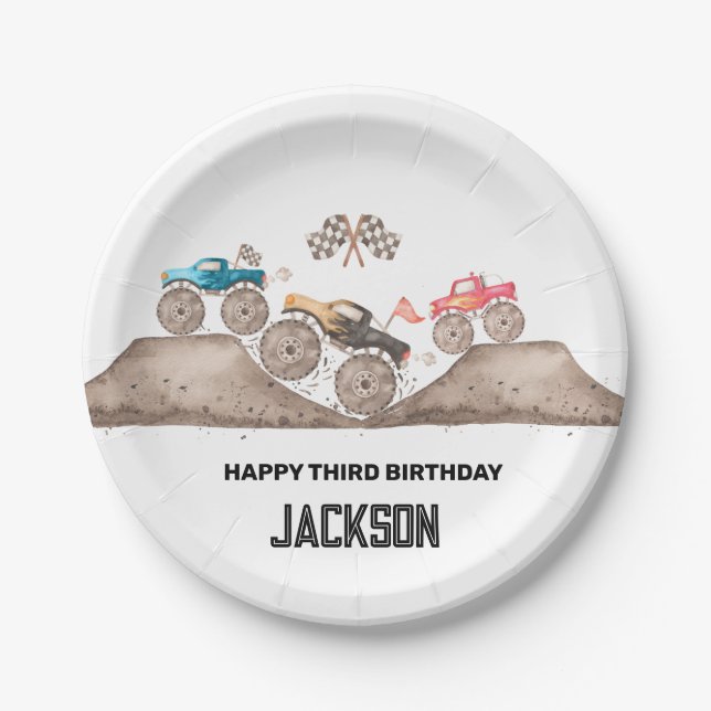 Monster Truck Can't Catch me I AM THREE Invitation Paper Plate (Front)