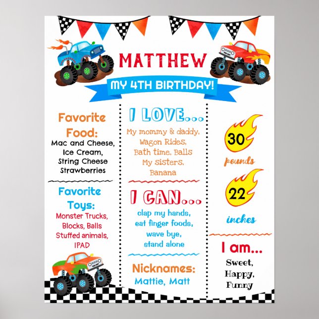 Monster Truck Cars Birthday Milestone Sign Poster (Front)
