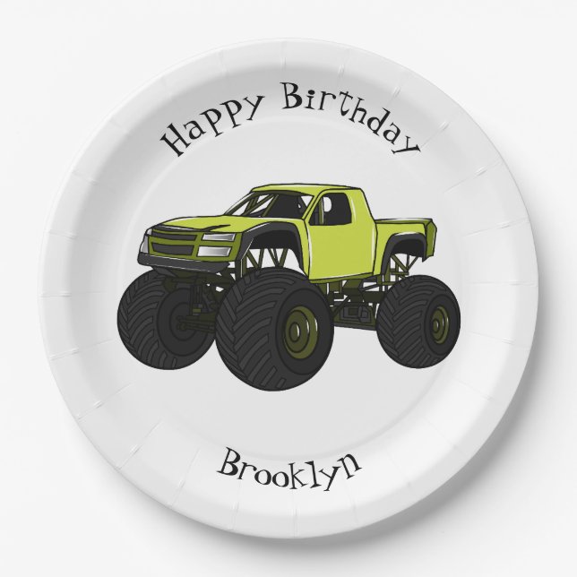 Monster truck cartoon illustration paper plate (Front)