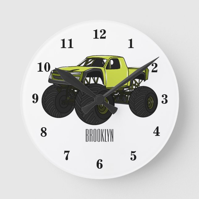Monster truck cartoon illustration round clock (Front)