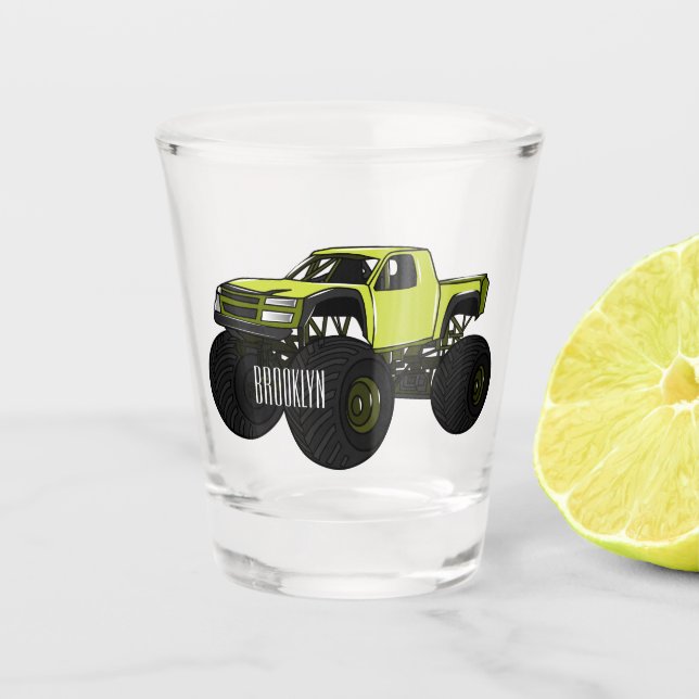 Monster truck cartoon illustration shot glass (Front)
