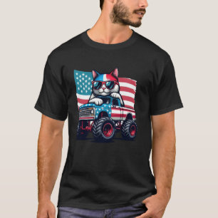 Monster Truck Cat 4th Of July Kitty American Flag T-Shirt