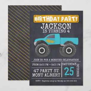 Monster Truck Chalboard Birthday Party Invitation