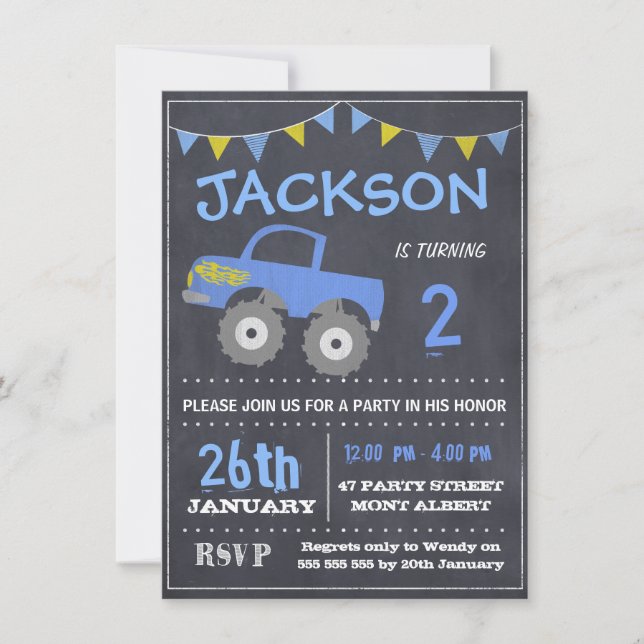 Monster Truck Chalkboard Birthday Invitation (Front)