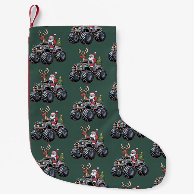Monster Truck Christmas Santa Holiday Kids Small Christmas Stocking (Front)