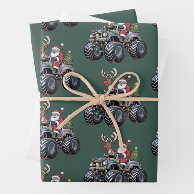 Monster Truck Christmas Santa Holiday Kids Wrapping Paper Sheet (In situ)