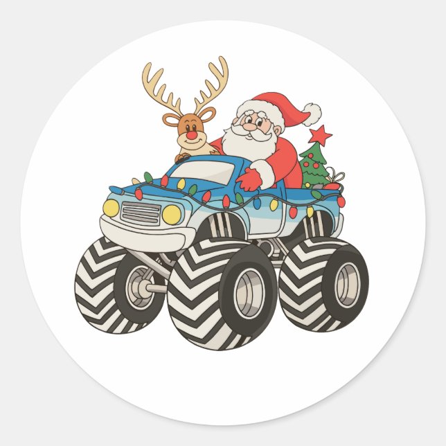 Monster Truck Christmas Santa Reindeer Festive Classic Round Sticker (Front)