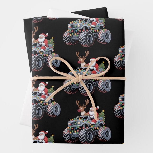 Monster Truck Christmas Santa Reindeer Holiday  Wrapping Paper Sheet (In situ)