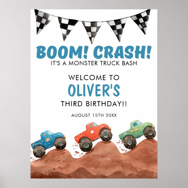 Monster Truck Colorful Cars Birthday Welcome Sign (Front)
