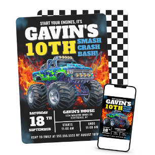 Monster Truck Cool Blue 10th Birthday Personalised Invitation