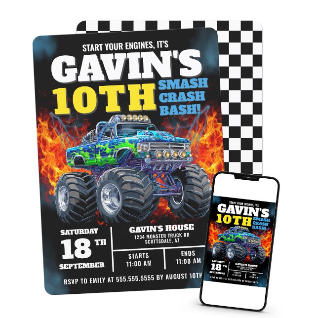 Monster Truck Cool Blue 10th Birthday Personalised Invitation (Creator Uploaded)