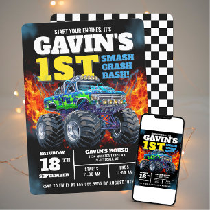 Monster Truck Cool Blue 1st Birthday Personalized Invitation