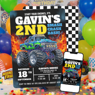 Monster Truck Cool Blue 2nd Birthday Personalised Invitation