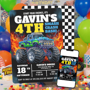 Monster Truck Cool Blue 4th Birthday Personalised Invitation