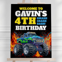 Monster Truck Cool Blue 4th Birthday Welcome Sign