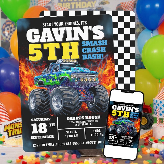 Monster Truck Cool Blue 5th Birthday Personalised Invitation (Creator Uploaded)