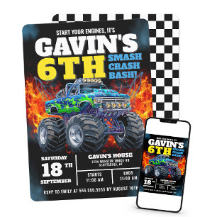 Monster Truck Cool Blue 6th Birthday Personalized Invitation