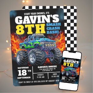 Monster Truck Cool Blue 8th Birthday Personalized Invitation