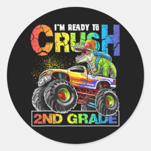 Monster Truck Crush 2nd Grade Dinosaur Boys Back t Classic Round Sticker