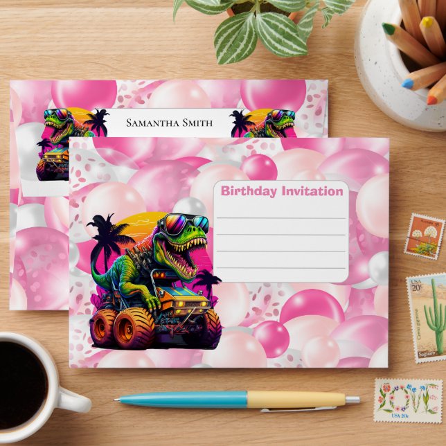 Monster Truck Dino Birthday Invitation Pink Envelope (Desk)