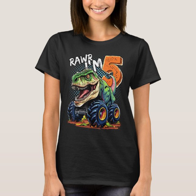 Monster Truck Dinosaur Rex 5th Birthday Boy 5 Year T-Shirt (Front)