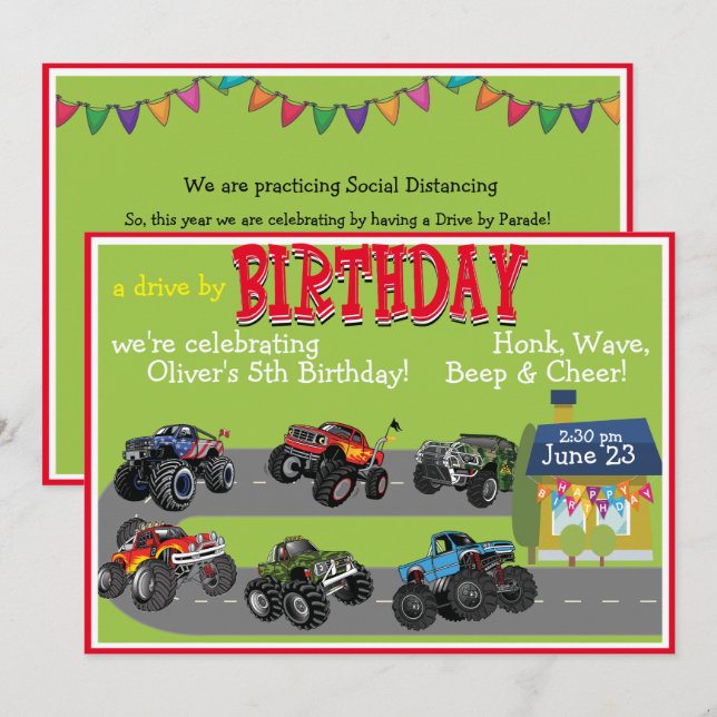 Monster Truck Drive By Birthday Parade Invitation (Front/Back)