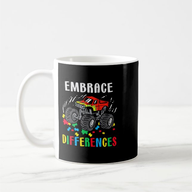 Monster Truck Embrace Differences Shirt Boy Autism Coffee Mug (Left)