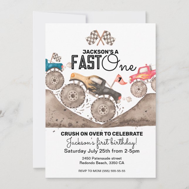 Monster Truck FAST ONE Birthday Invitation (Front)