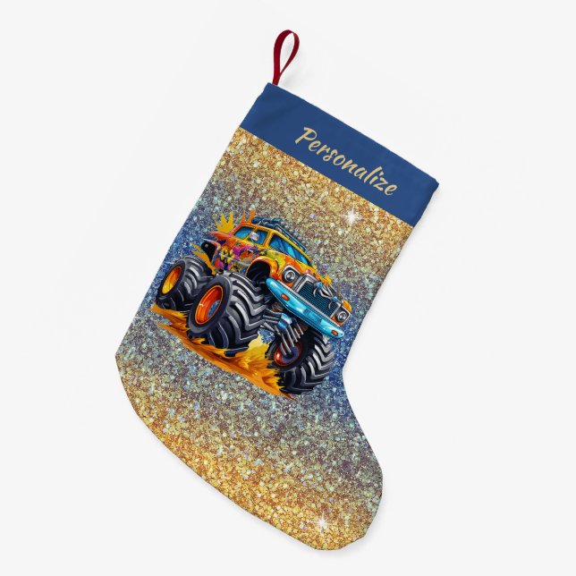 Monster Truck Flames Glitter Background Christmas Small Christmas Stocking (Front (Hanging))