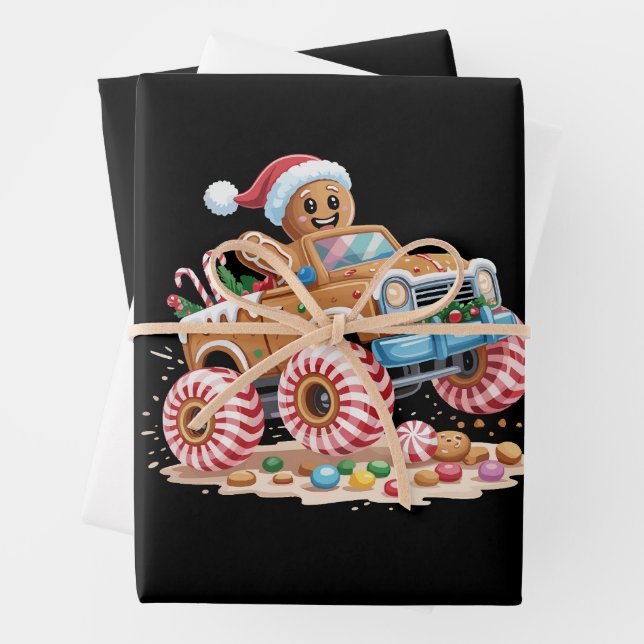 Monster Truck Gingerbread Man Christmas Baking  Wrapping Paper Sheet (In situ)
