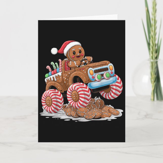 Monster Truck Gingerbread Man Funny Christmas Baki Card (Front)