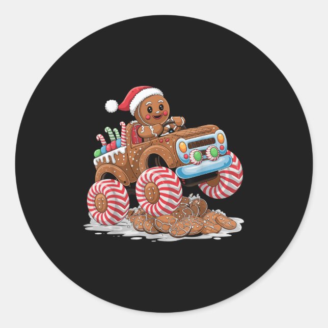 Monster Truck Gingerbread Man Funny Christmas Baki Classic Round Sticker (Front)