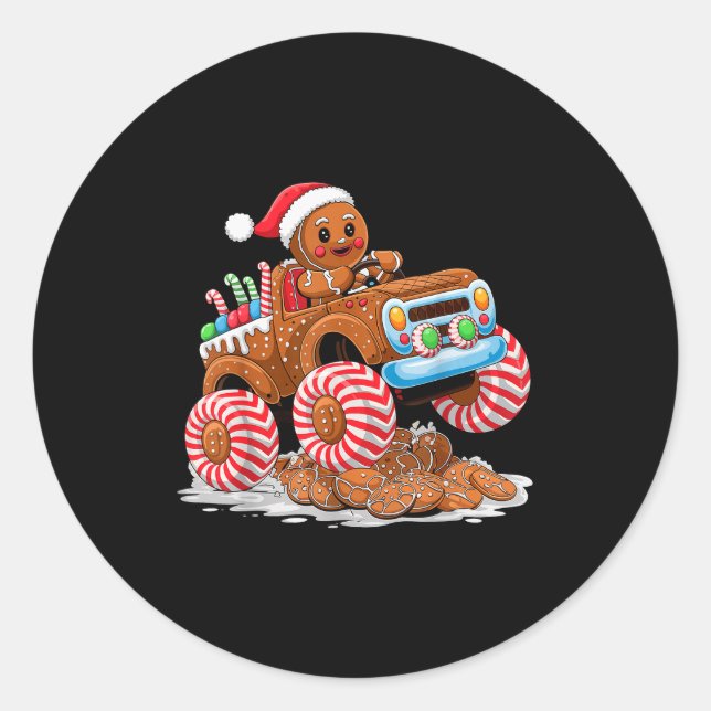 Monster Truck Gingerbread Man Funny Christmas Baki Classic Round Sticker (Front)