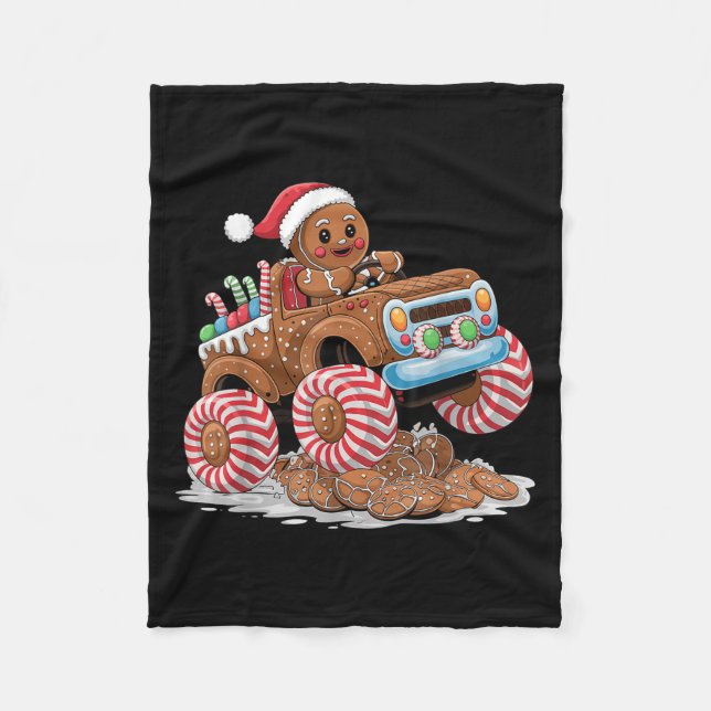 Monster Truck Gingerbread Man Funny Christmas Baki Fleece Blanket (Front)