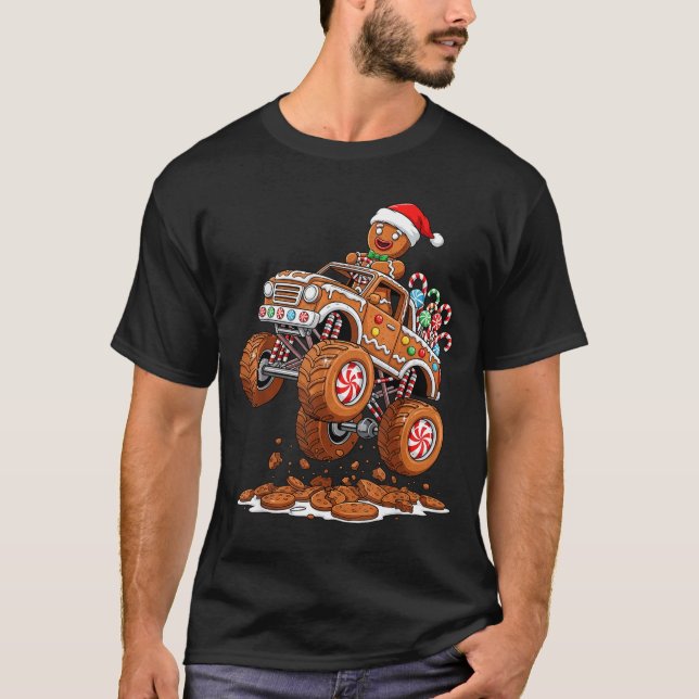 Monster Truck Gingerbread Man Funny Christmas Baki T-Shirt (Front)