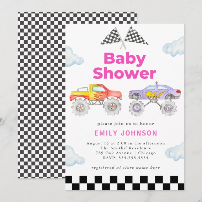 Monster Truck Girl Baby Shower Invitation (Front/Back)