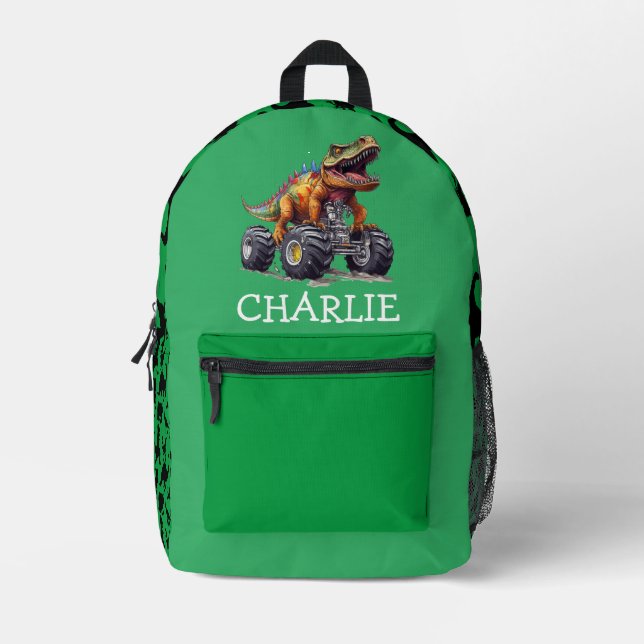 Monster Truck Green Dinosaur Style  Printed Backpack (Front)