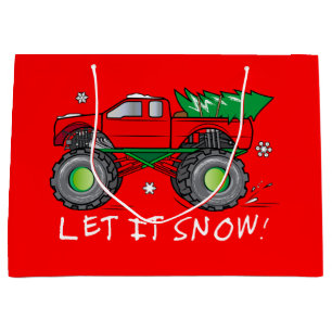 Monster Truck Hauling Christmas Tree in the Snow Large Gift Bag
