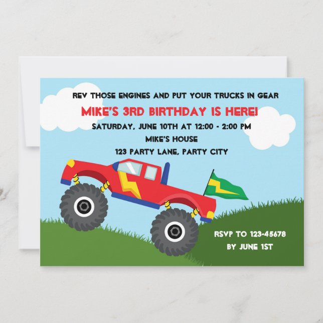 Monster Truck Invitation - Boys Birthday (Front)