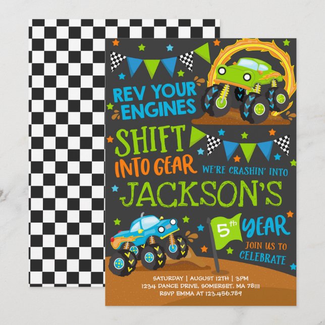 Monster Truck Invitation Monster Truck Birthday (Front/Back)