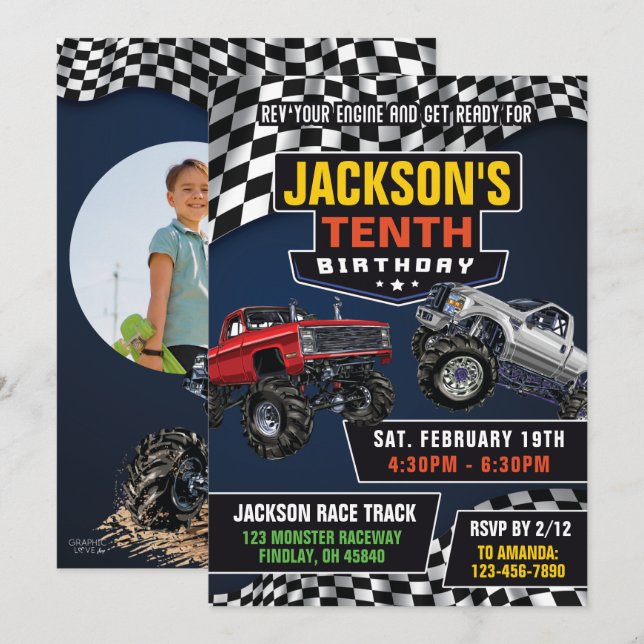 Monster Truck Jam Photo Birthday Party, Any Age Invitation (Front/Back)