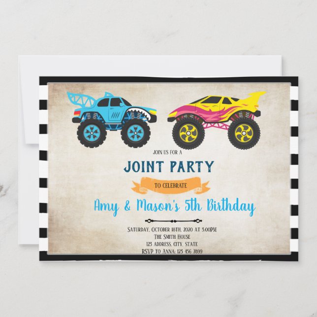 Monster truck joint birthday invitation (Front)