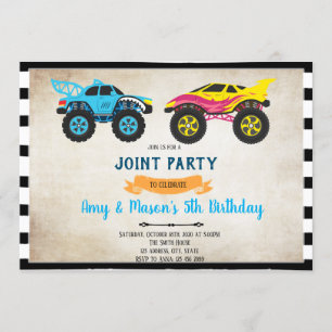 Monster truck joint birthday invitation