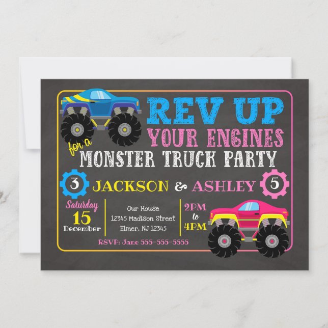 Monster Truck Joint Birthday Invitation / Boy Girl (Front)