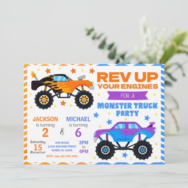 Monster Truck Joint Birthday Invitation Siblings (Standing Front)