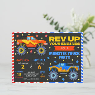 Monster Truck Joint Birthday Invitation Siblings