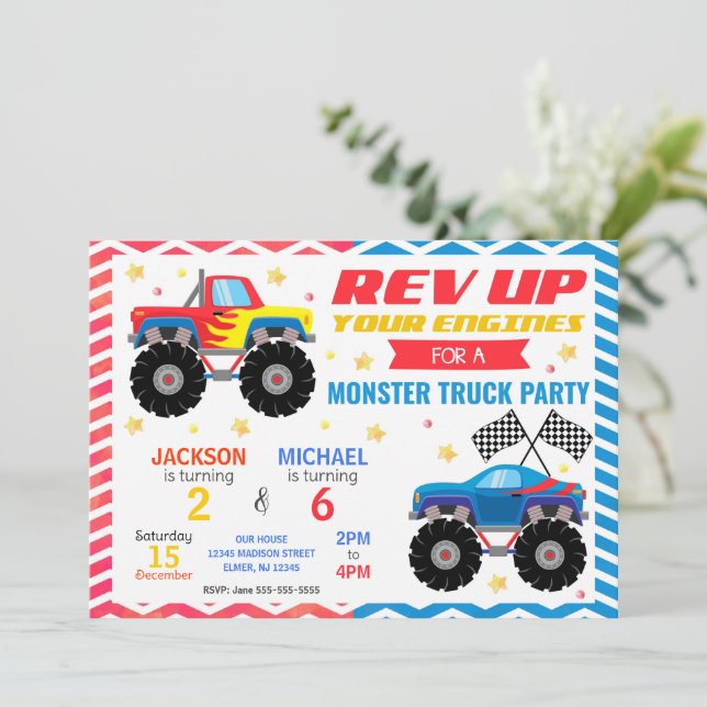 Monster Truck Joint Birthday Invitation Siblings (Standing Front)