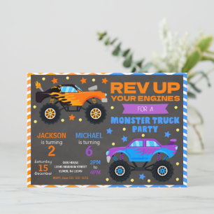 Monster Truck Joint Birthday Invitation Siblings
